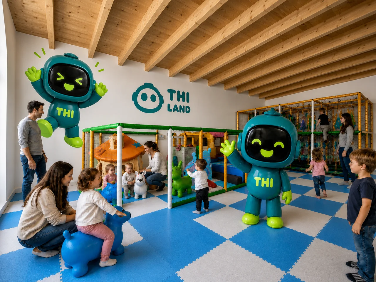 La sala d'ingresso di THI LAND con il logo a parete e la mascotte THI