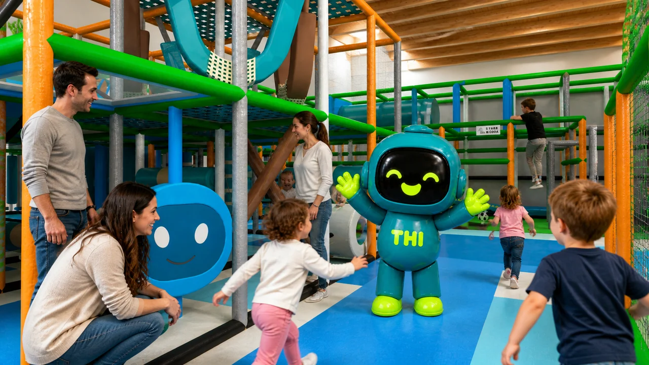 Bambini e genitori giocano insieme alla mascotte THI nell'area principale
